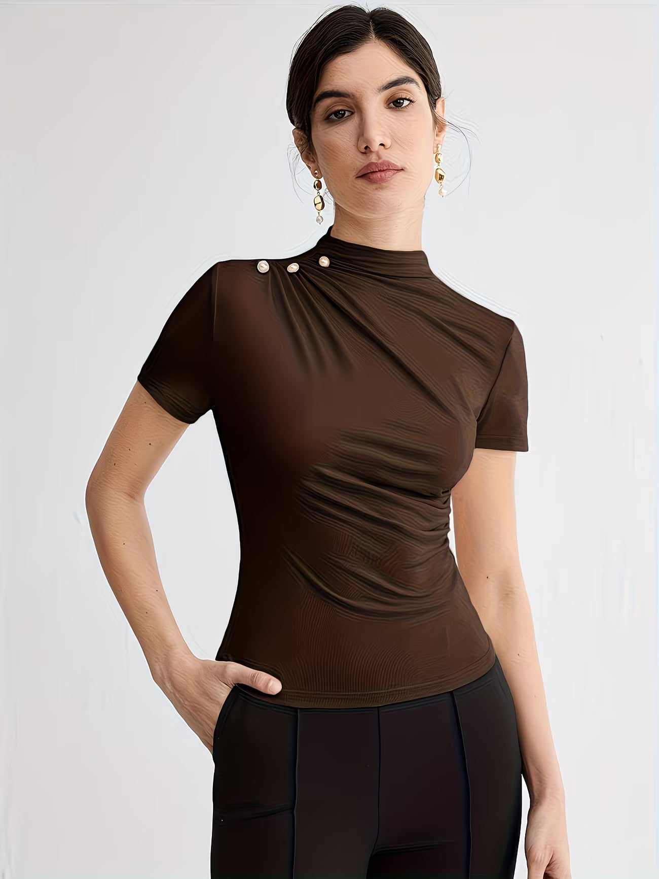 Women’s Elegant Button-Shoulder Tee.