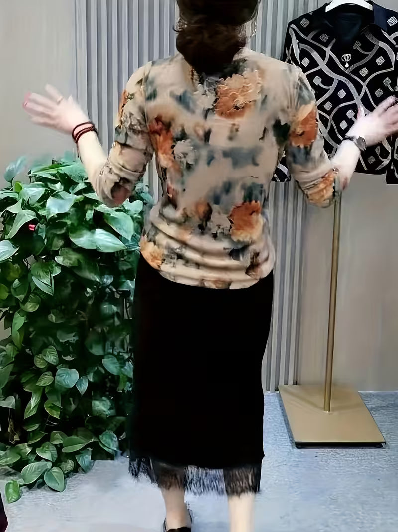 Women’s Floral Mesh Cowl-Neck Tops.