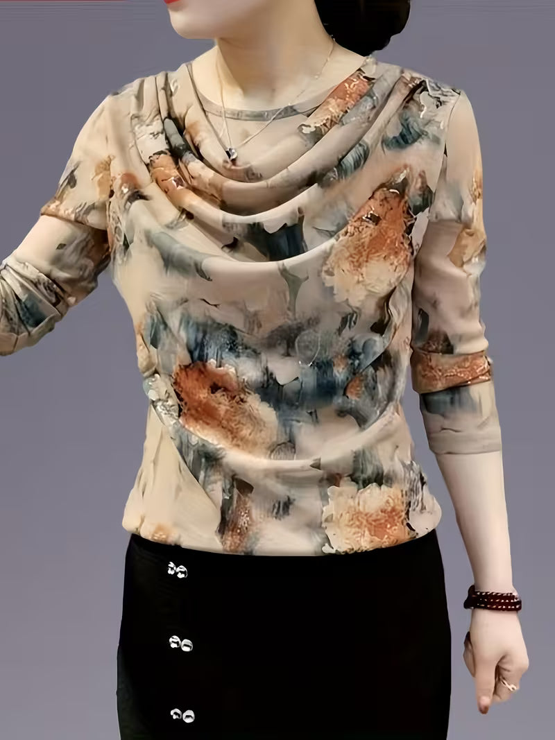 Women’s Floral Mesh Cowl-Neck Tops.