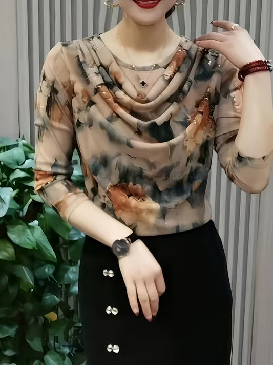 Women’s Floral Mesh Cowl-Neck Tops.