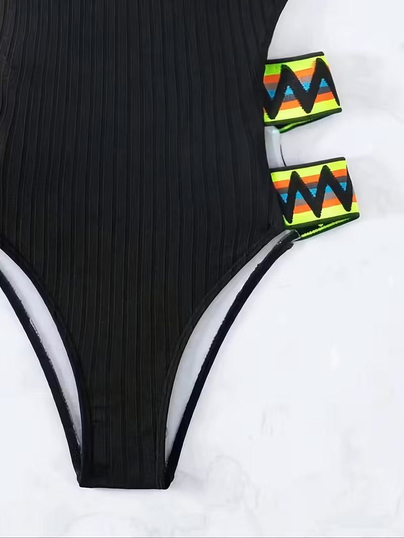 Zigzag Contrast Strap One-Piece Swimsuit.